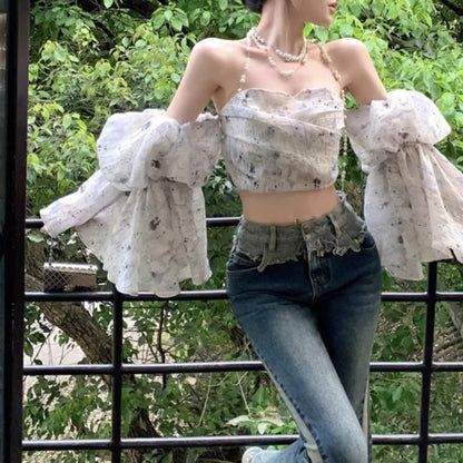 French Floral Puff Sleeve Sexy Shirt