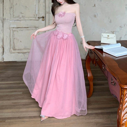 Sweet And Elegant Strapless Crop Top And High-Waisted Loose Mesh Skirt Set