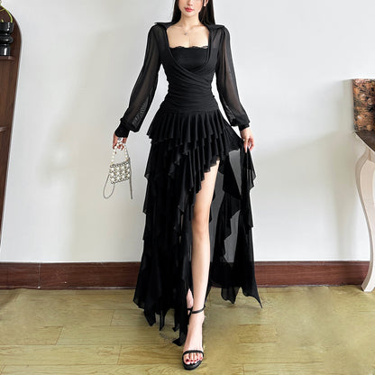 Sexy French Irregular Square Neck Long Top High Waist Slit Skirt Set