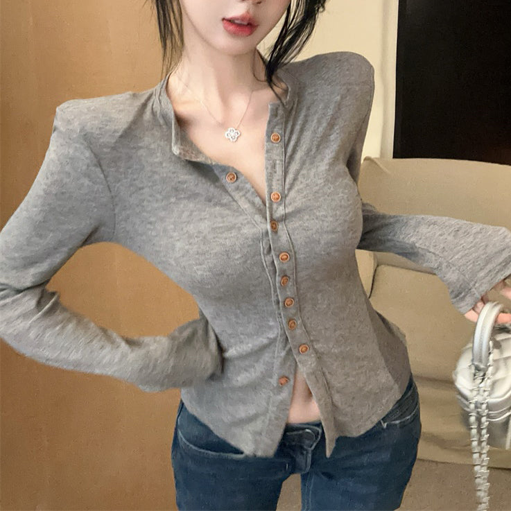 Single-Breasted Fashionable Sexy Chic Long-Sleeved Tie T-Shirt