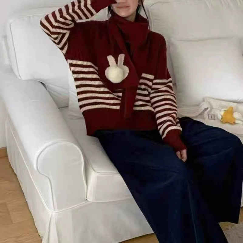 Retro Striped Fashion Crew Neck Sweater With Scarf