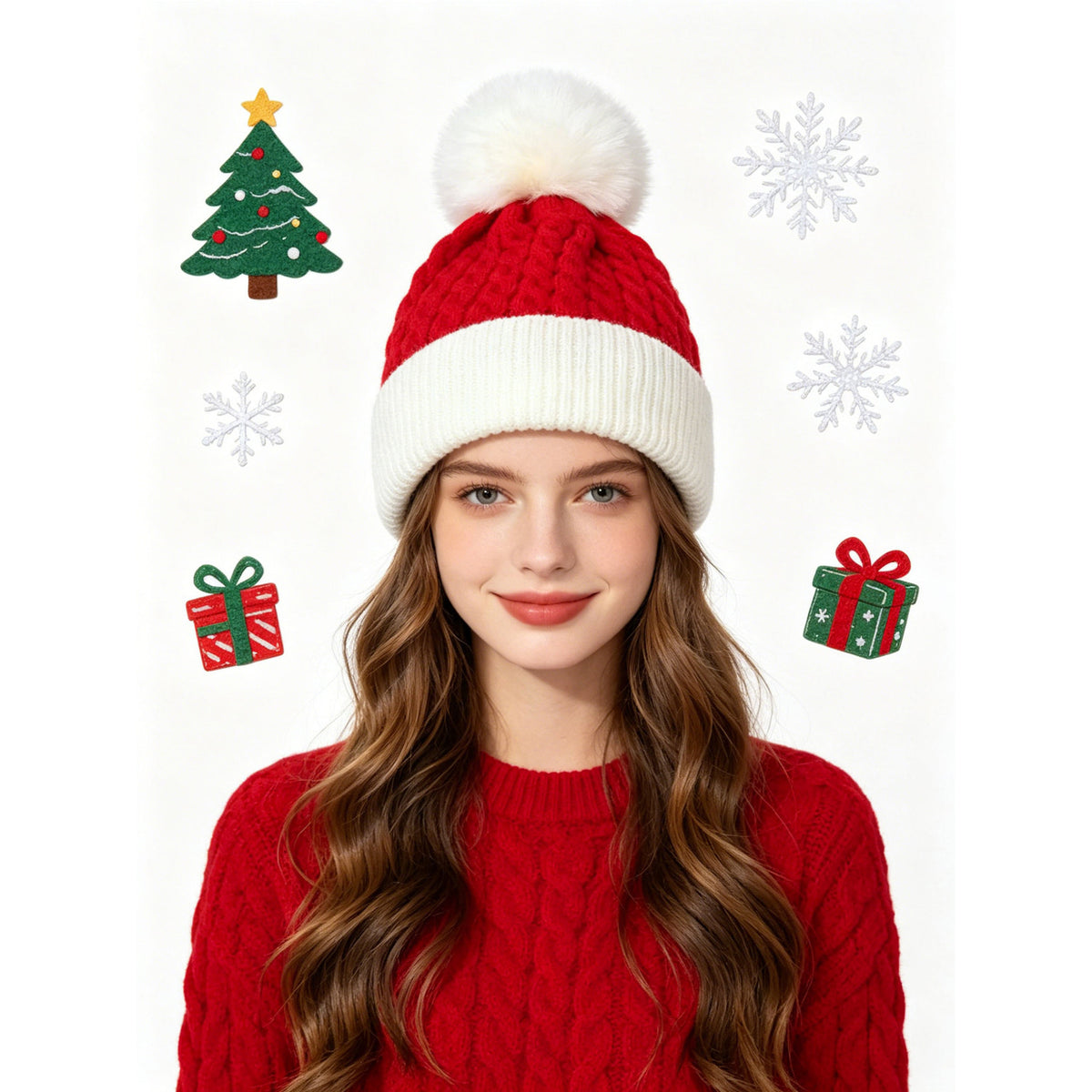 Christmas Red and Green Color-Block Pom-Pom Knit Hat