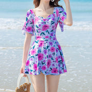 Short sleeve floral beach one-piece swimsuit