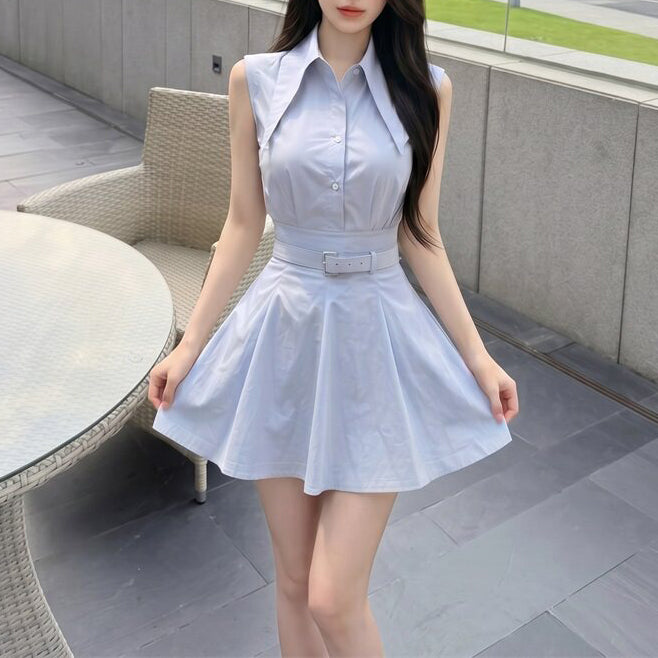 Collared Off-Shoulder Sleeveless Shirt And High-Waisted Skirt Set