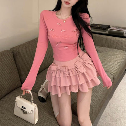 Sweet And Sexy Bow Embroidered Round Neck Long-Sleeved T-Shirt High Waist Skirt Suit