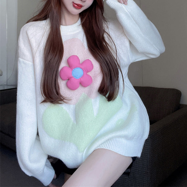 Fashionable Loose Round Neck Pullover Floral Long-Sleeved Knitted Sweater