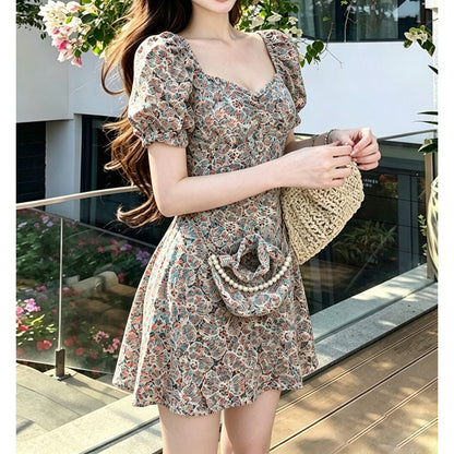 Retro-Style Sexy Floral Puff-Sleeve Dress