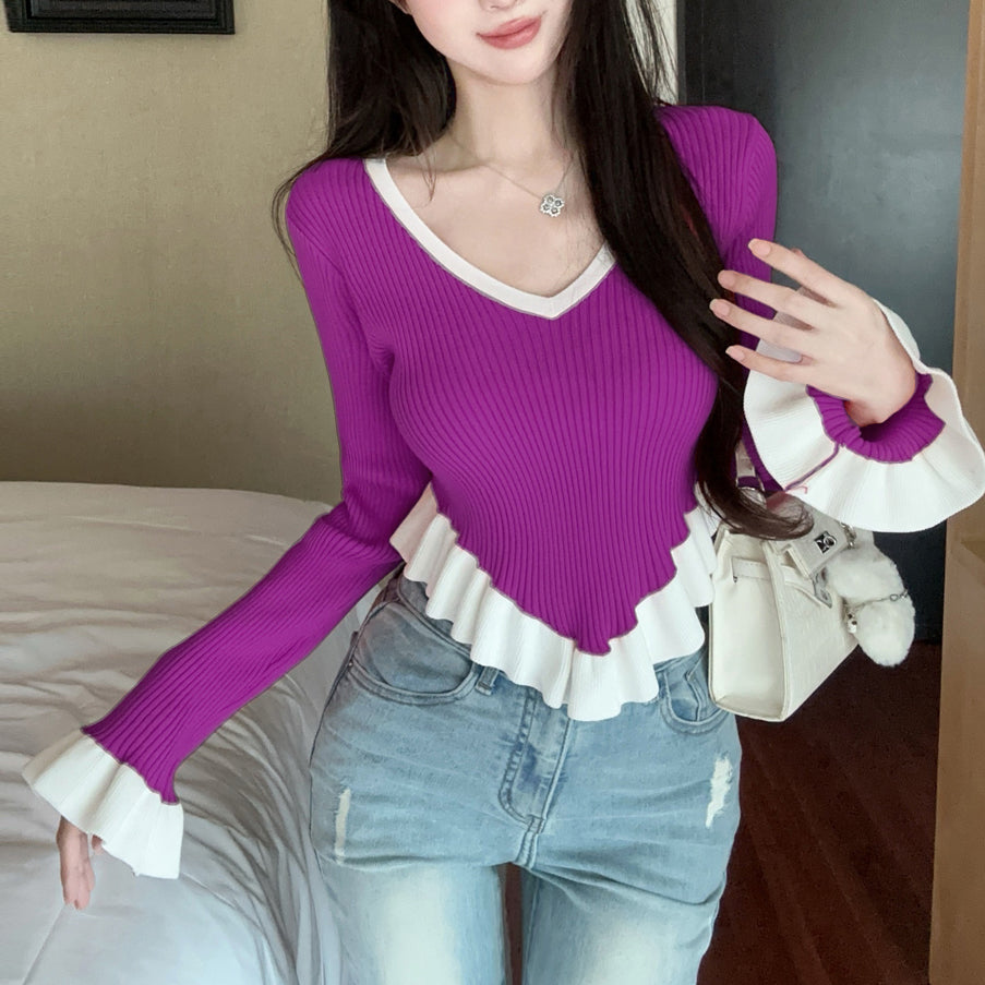 Ruffle Contrast Color Fashionable Sexy Irregular Long-Sleeved Knitted T-Shirt
