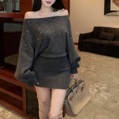 French-Style Sexy Off-Shoulder Rhinestone Knit Dress