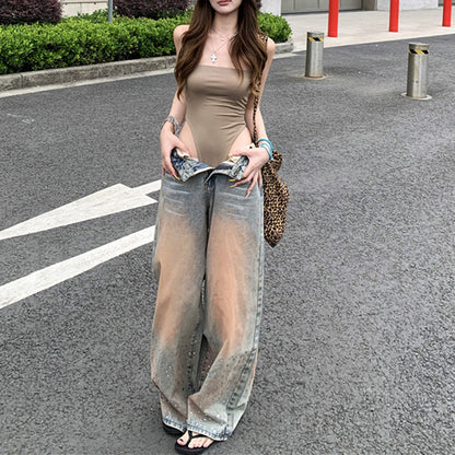 Sexy Strapless Bodysuit And Loose-Fit Jeans Set