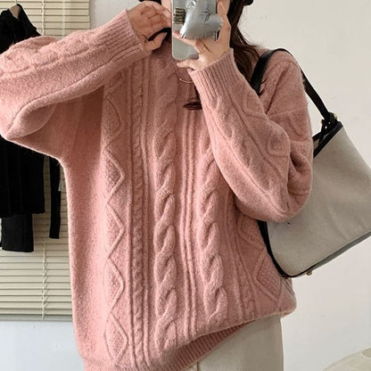 Christmas Red Cable-Knit Crew Neck Pullover Sweater