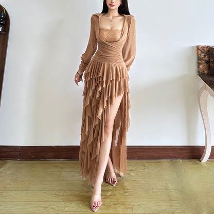 Solid Color Square Neck Long Sleeve Top Sexy Temperament Irregular Slit Skirt Suit