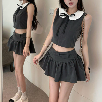 Preppy Style Color-Blocked Off-Shoulder Sleeveless Vest And Skirt Set