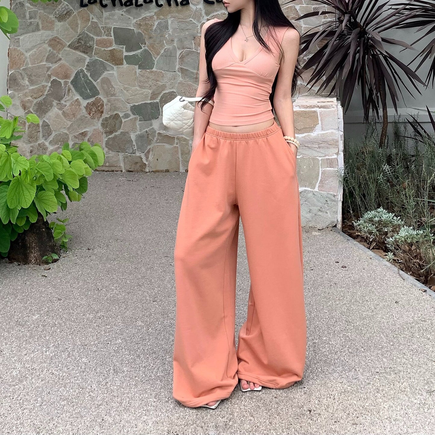 Sexy V-Neck Tank Top And Loose Trousers Set