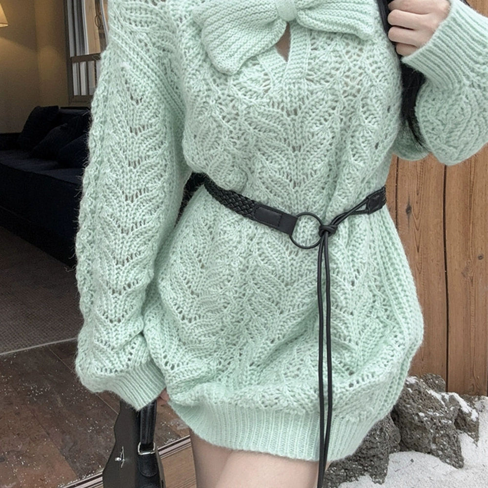 Lazy Style Sweet And Sexy Bow Knitted Sweater Dress