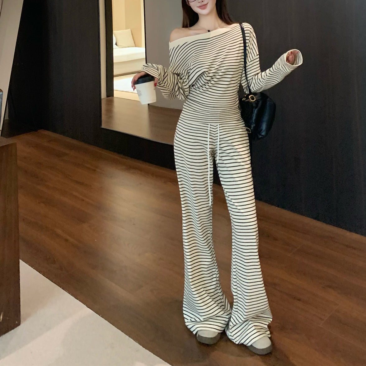 Sexy Color-Block Striped Wide-Leg Trouser Set