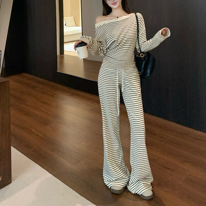 Sexy Color-Block Striped Wide-Leg Trouser Set