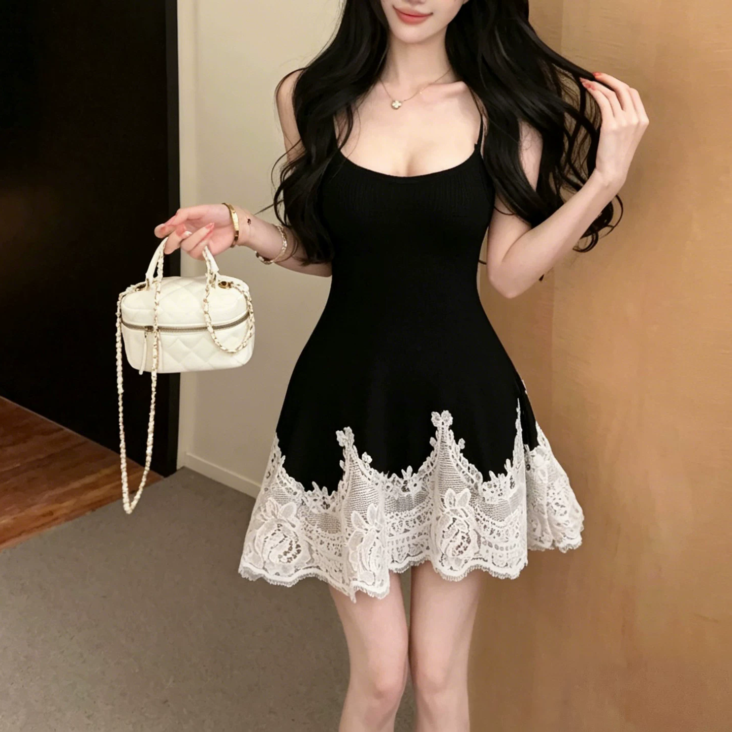 Lace Patchwork Waist-Cinching Suspender Dress