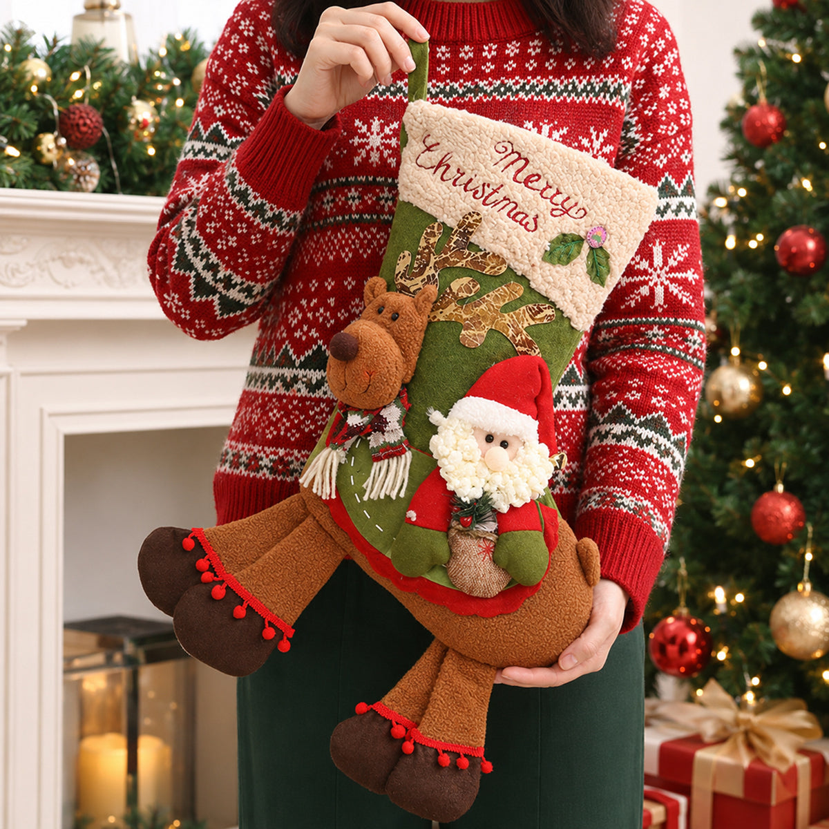 Santa Claus and Reindeer Gift Bag Christmas Tree Hanging Ornament