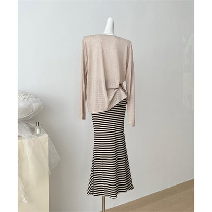 Loose Long-Sleeve Top And Striped Fishtail Skirt Set