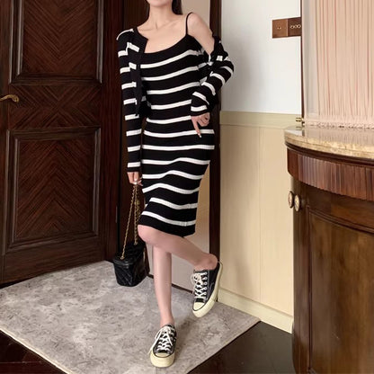 Striped Contrast Cami Dress Knit Cardigan Top Winter Set