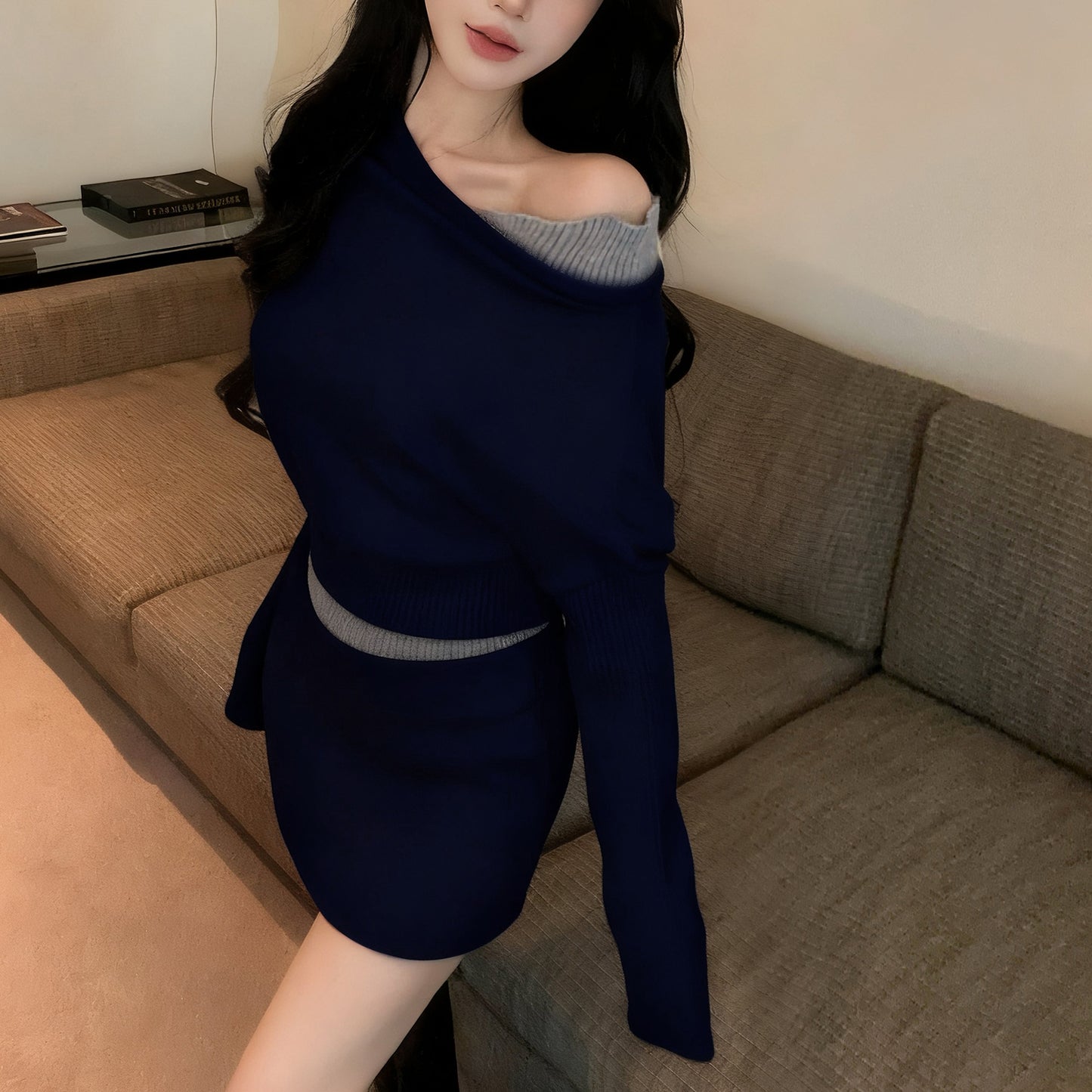 Fake Two-Piece Sexy Contrast Color Off-Shoulder Knitted Sweater Skirt Set