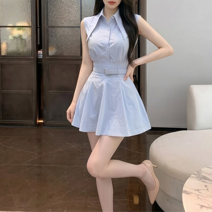 Collared Off-Shoulder Sleeveless Shirt And High-Waisted Skirt Set