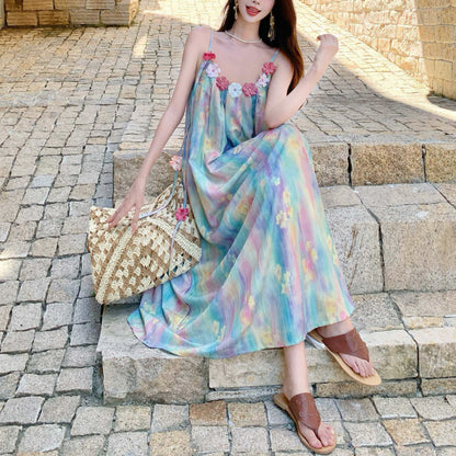 Seaside Vacation Oil Painting Bohemian Style Dress