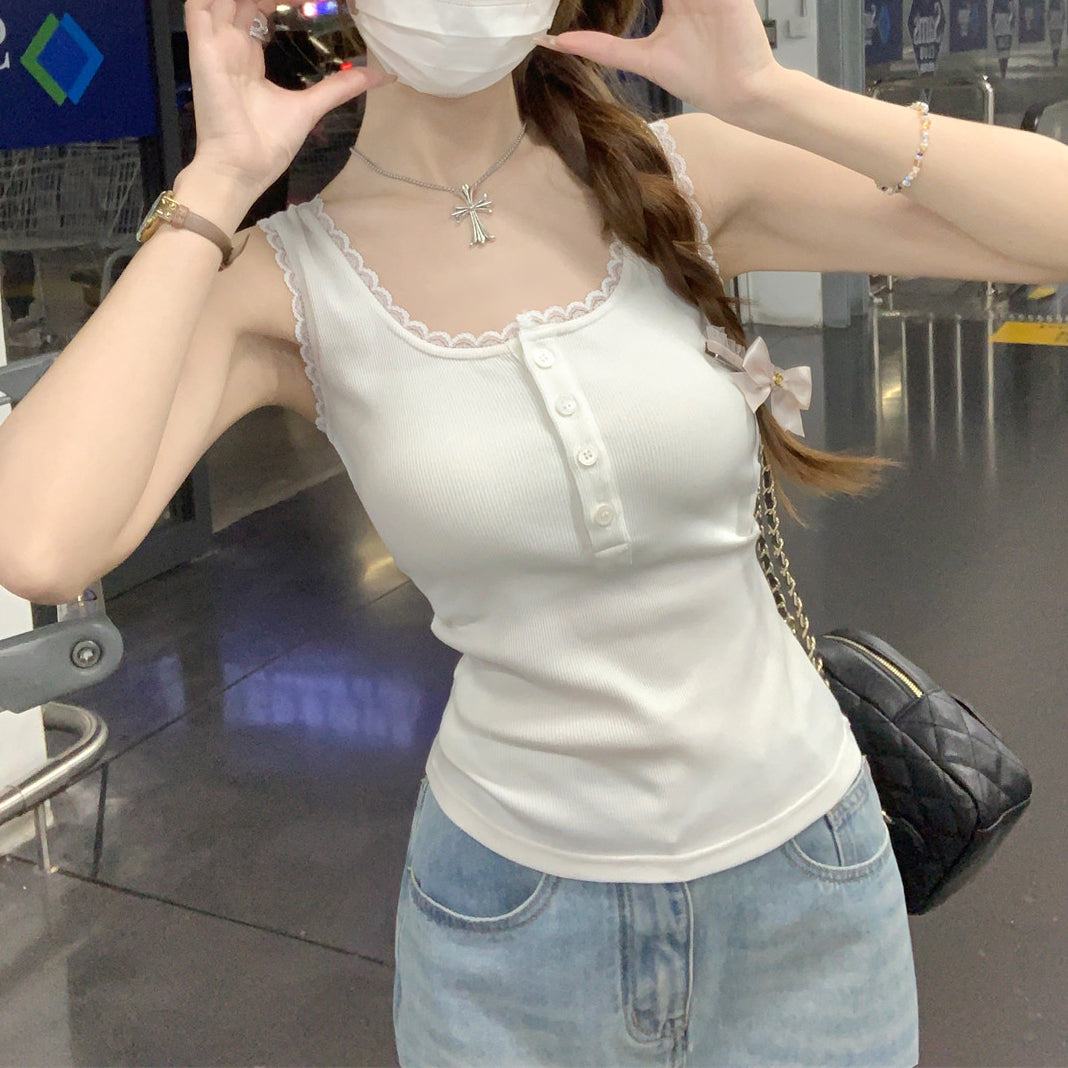 Lace-Paneled Square-Neck Sleeveless Camisole Top