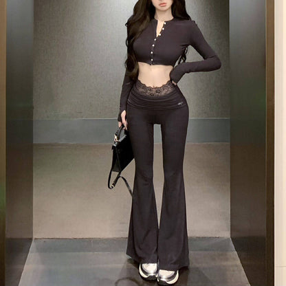 Sexy Long-Sleeved Top And High-Waisted Slightly Flared Casual Pants Two-Piece Set