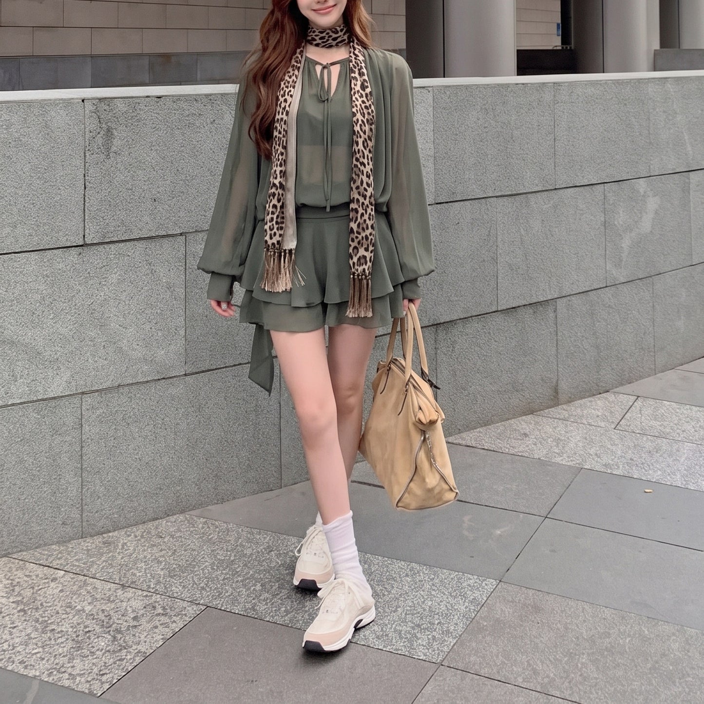 French-Style Lantern-Sleeve Tie-Waist Dress