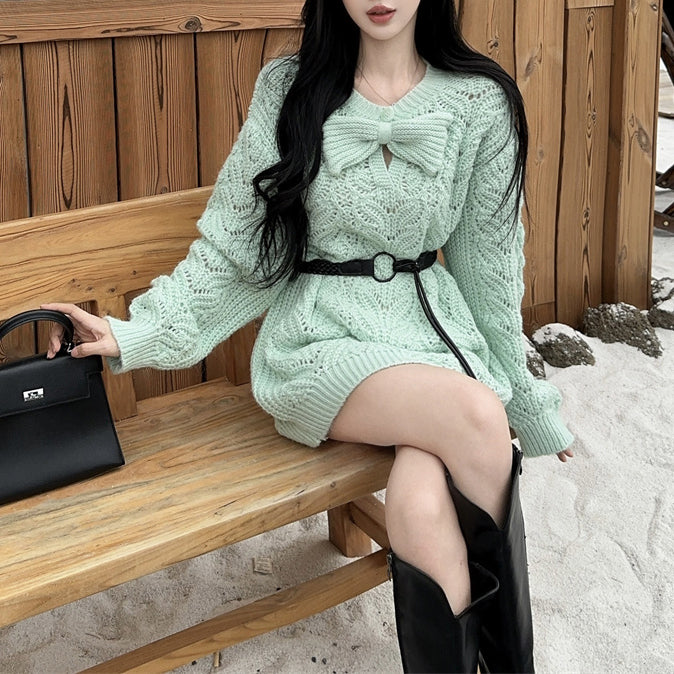Lazy Style Sweet And Sexy Bow Knitted Sweater Dress