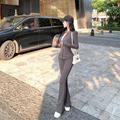 Sexy Double-Zipper Design Top And Wide-Leg Pants Set