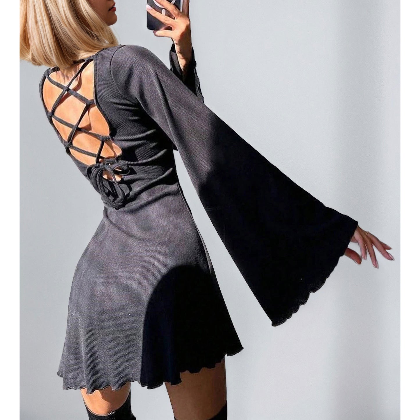 Elegant Backless Dress With Flared Sleeves