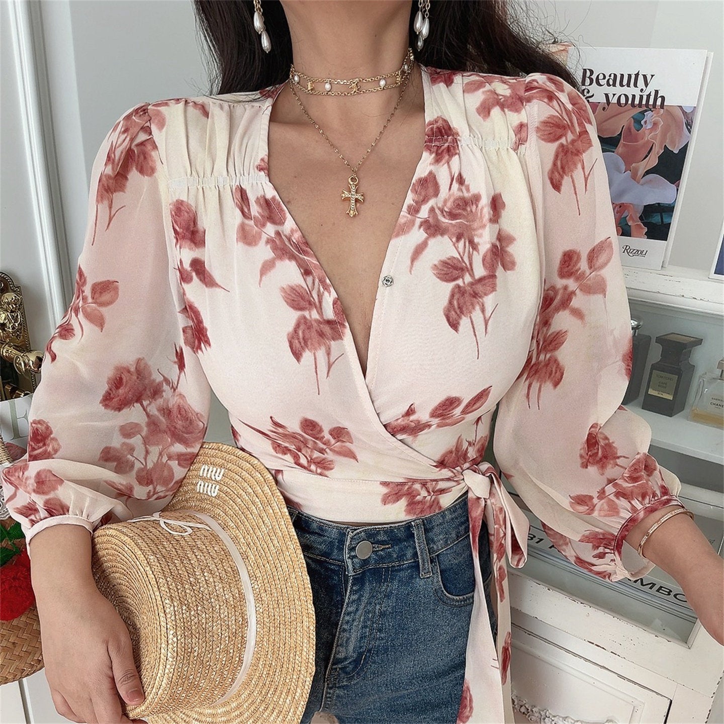 Retro V-Neck Lantern Sleeve Tie-Up Floral Shirt