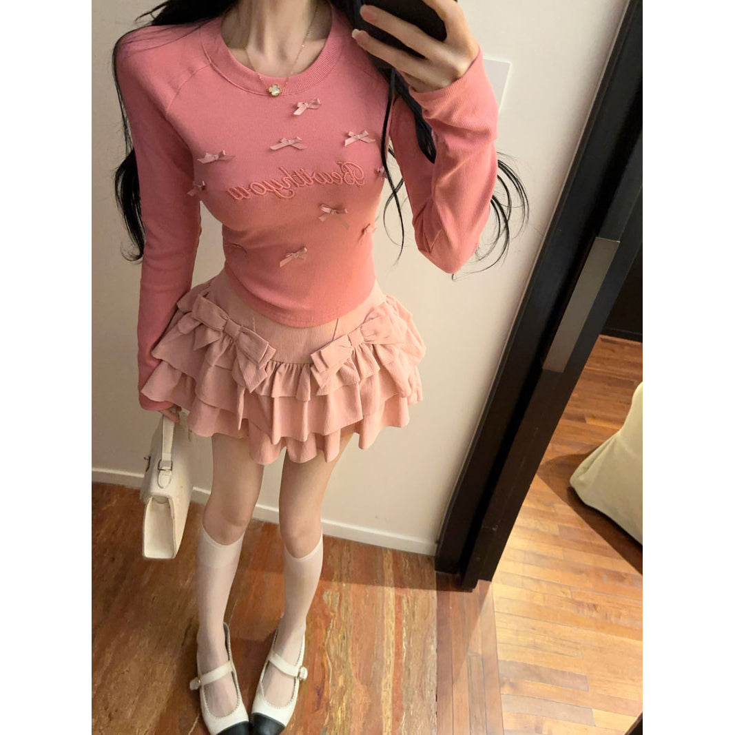 Sweet And Sexy Bow Embroidered Round Neck Long-Sleeved T-Shirt High Waist Skirt Suit