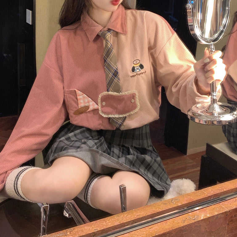 Retro Embroidered Corduroy Color-Blocked Tie Shirt