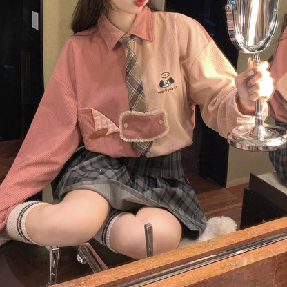 Retro Embroidered Corduroy Color-Blocked Tie Shirt