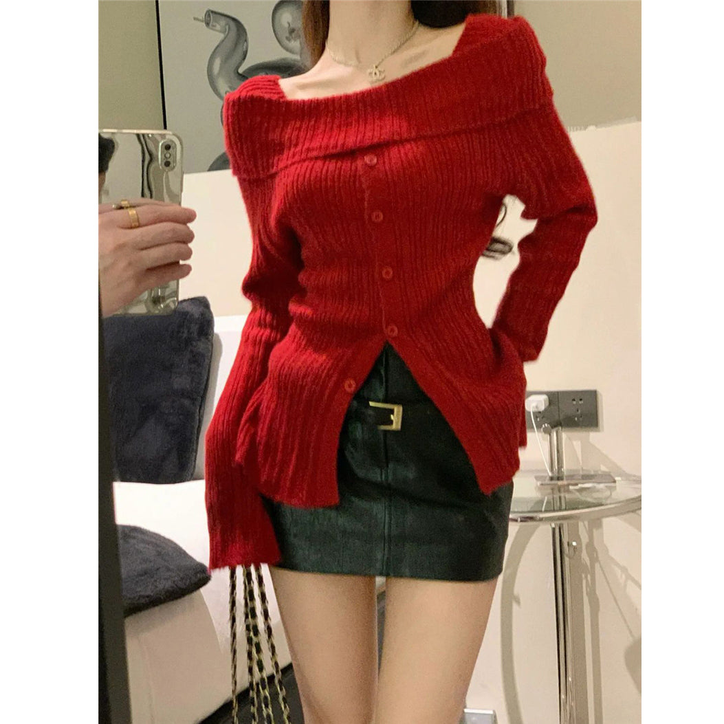 Christmas Red One-Shoulder Sweater