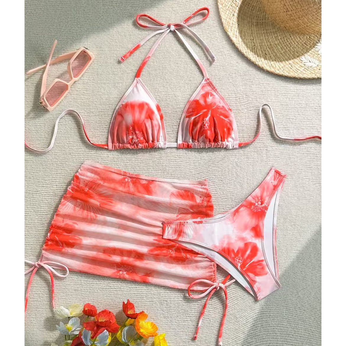 Printed Sexy Halter Neck Strap Swimsuit Three-Piece Set