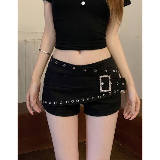 Black low-rise punk shorts with studs