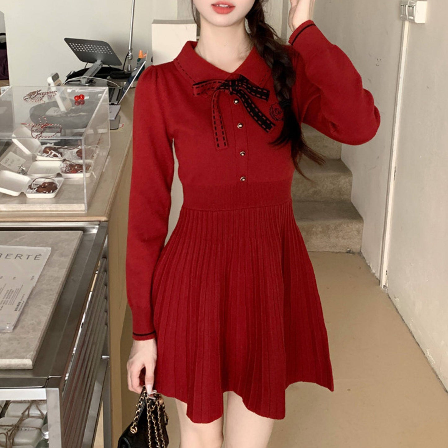 Polo-Neck Knitted Black Dress