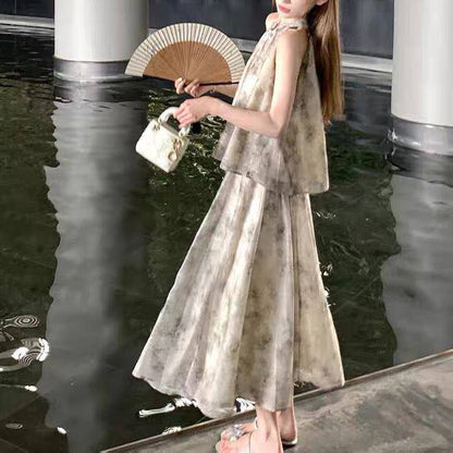 New Chinese Style Tie-Dye Halter Neck Top And Long Skirt Two-Piece Set