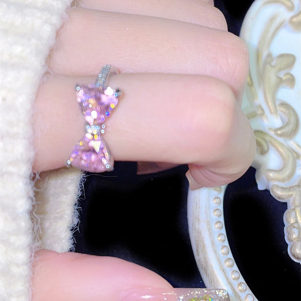 Sweet Pink Zircon Bow Adjustable Simple Light Luxury Ring