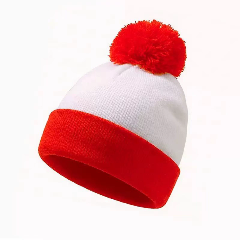 Christmas Red and Green Color-Block Pom-Pom Knit Hat