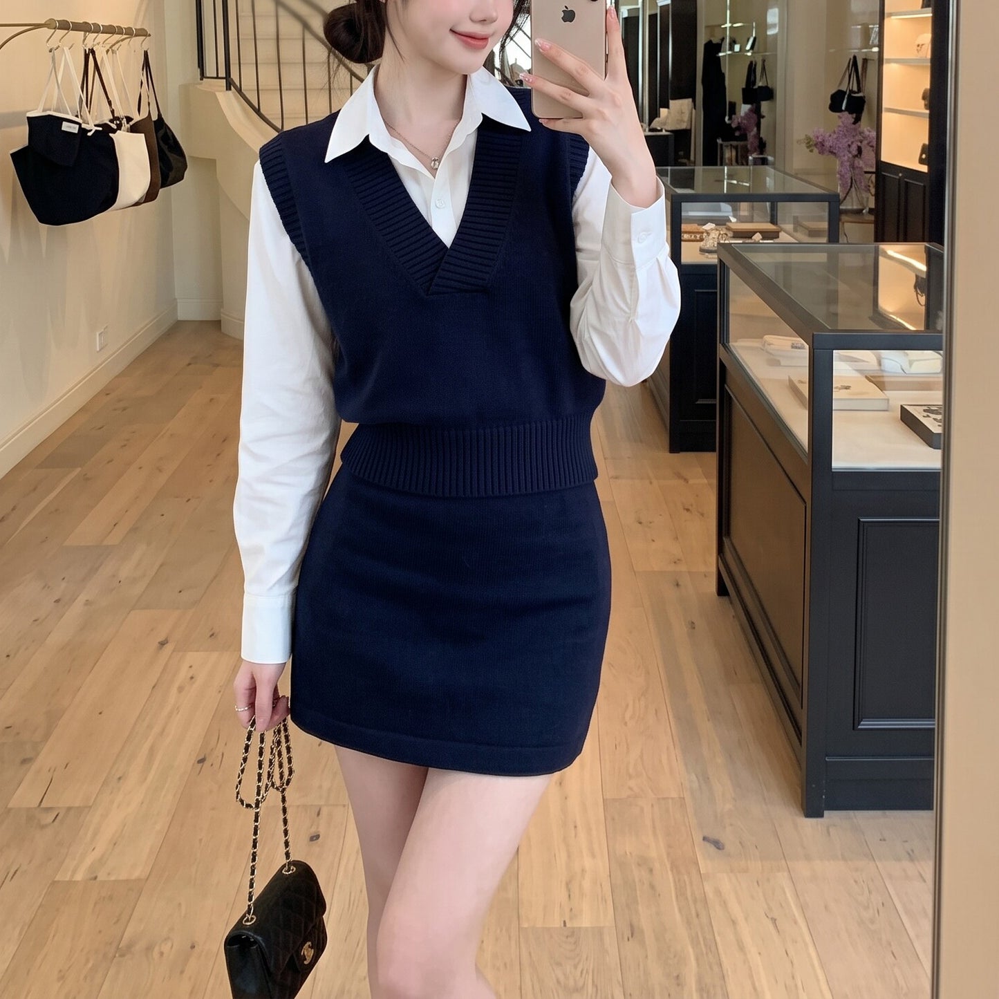Casual-Chic Three-Piece Set Featuring A Knit Vest And A Mini Skirt