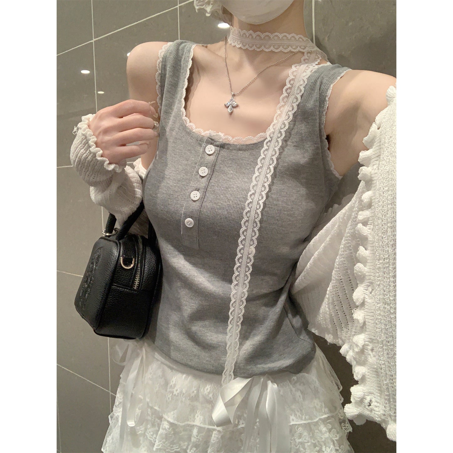 Lace-Paneled Square-Neck Sleeveless Camisole Top