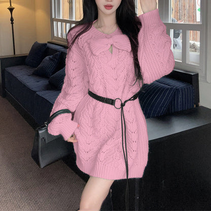 Lazy Style Sweet And Sexy Bow Knitted Sweater Dress