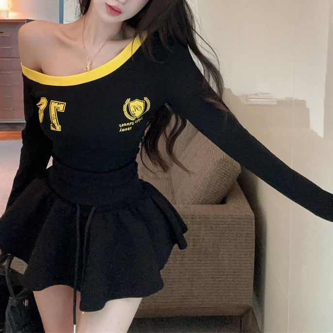 Sexy Color-Block One-Shoulder Long-Sleeve T-Shirt