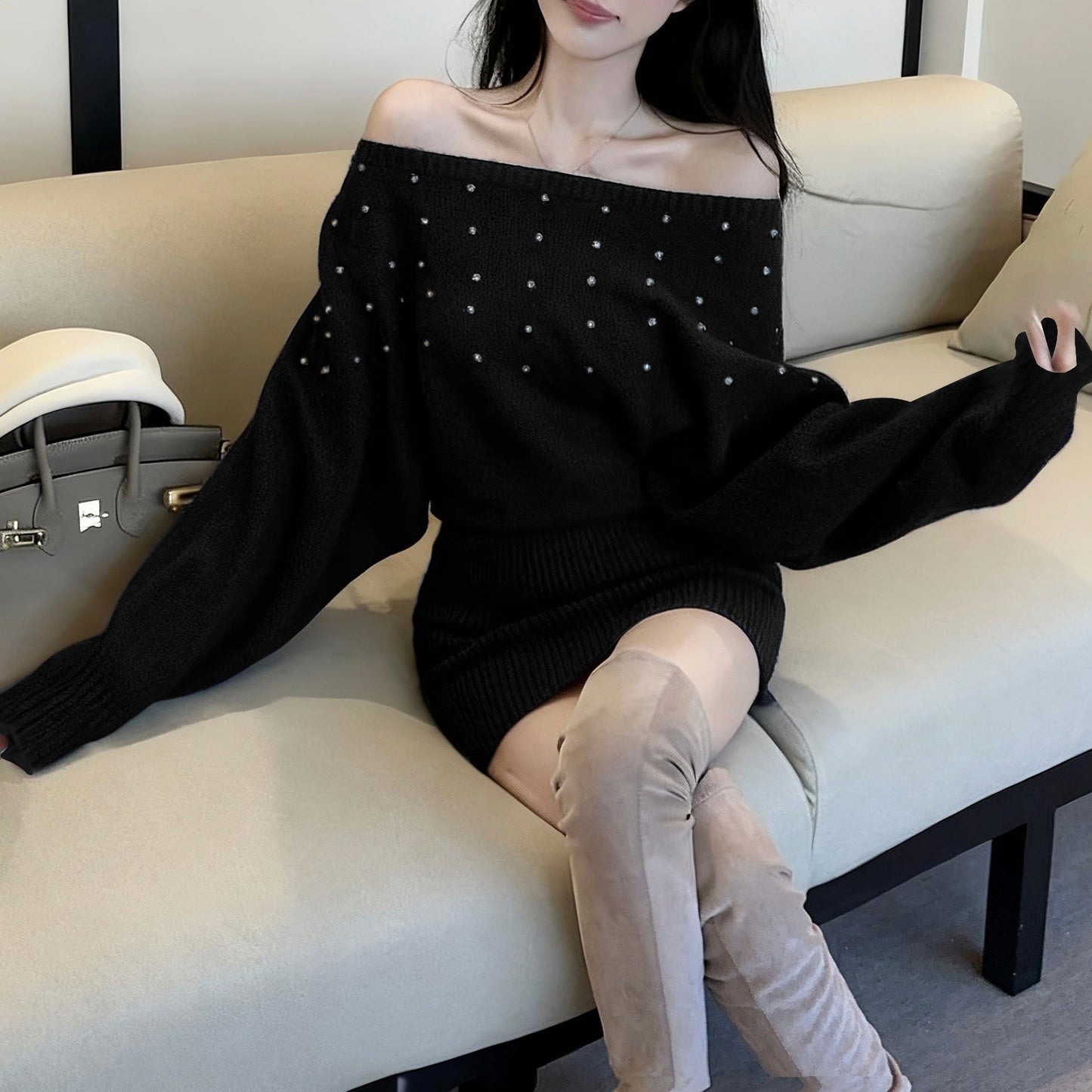 French-Style Sexy Off-Shoulder Rhinestone Knit Dress